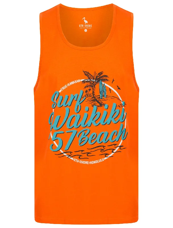 Waikiki Beach Motif Print Cotton Vest Top in Carrot - South Shore