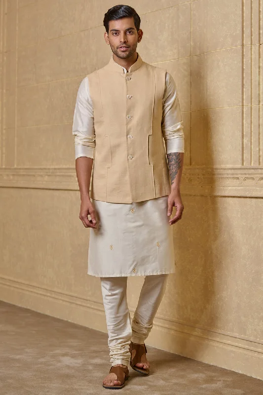 Cream Linen Bundi With Inseam Pocket Detail