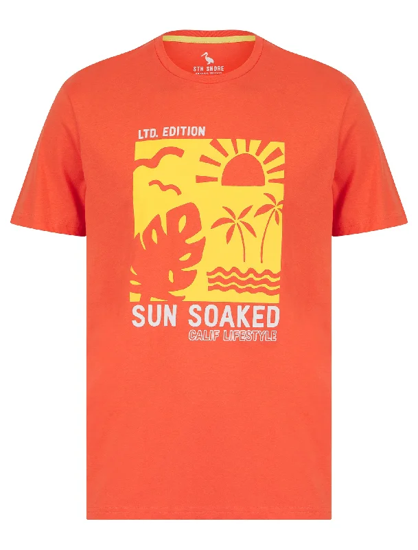 Sun Soaked Motif Cotton Jersey T-Shirt in Hot Coral - South Shore