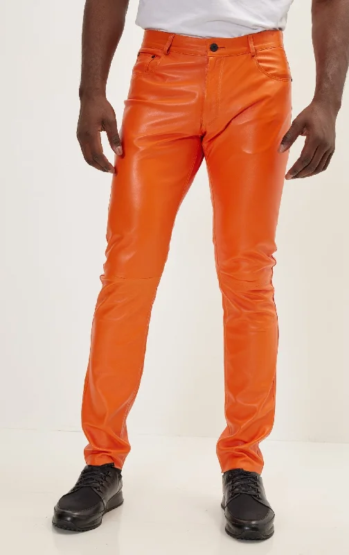 Genuine Lambskin Leather Pants - Orange