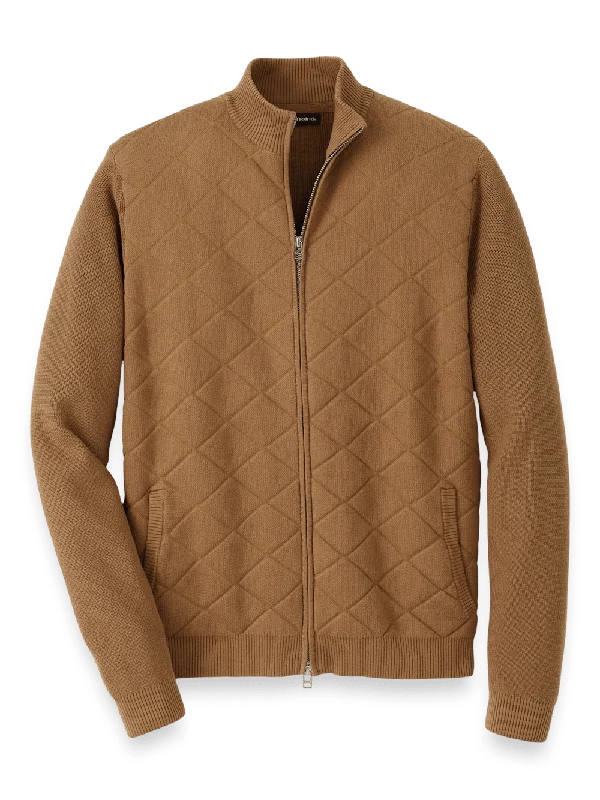 Cotton Full Zip Mock Neck Sweater - Camel