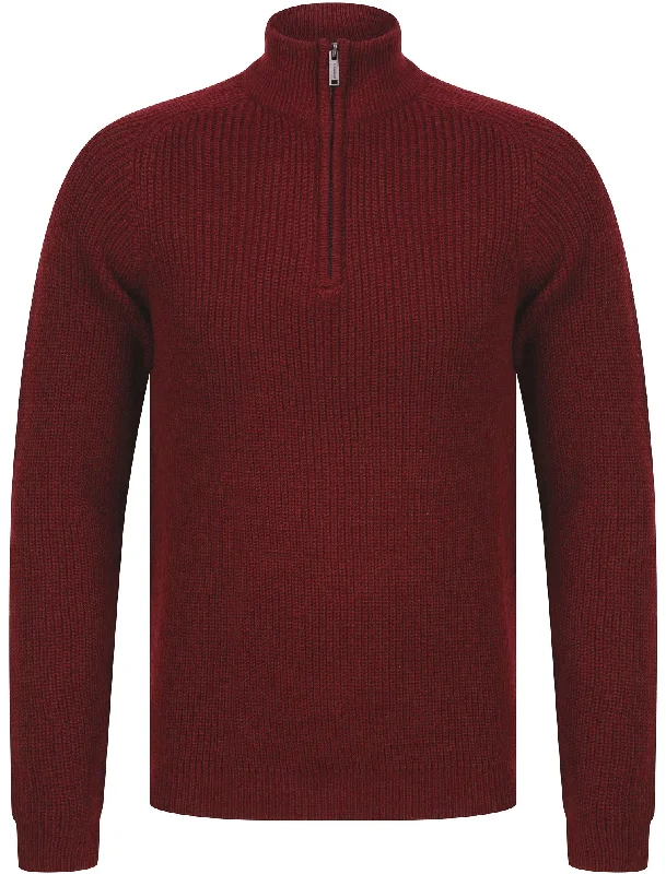 Asteroid Half Zip Funnel Neck Wool Blend Knitted Jumper in Oxblood - Dissident