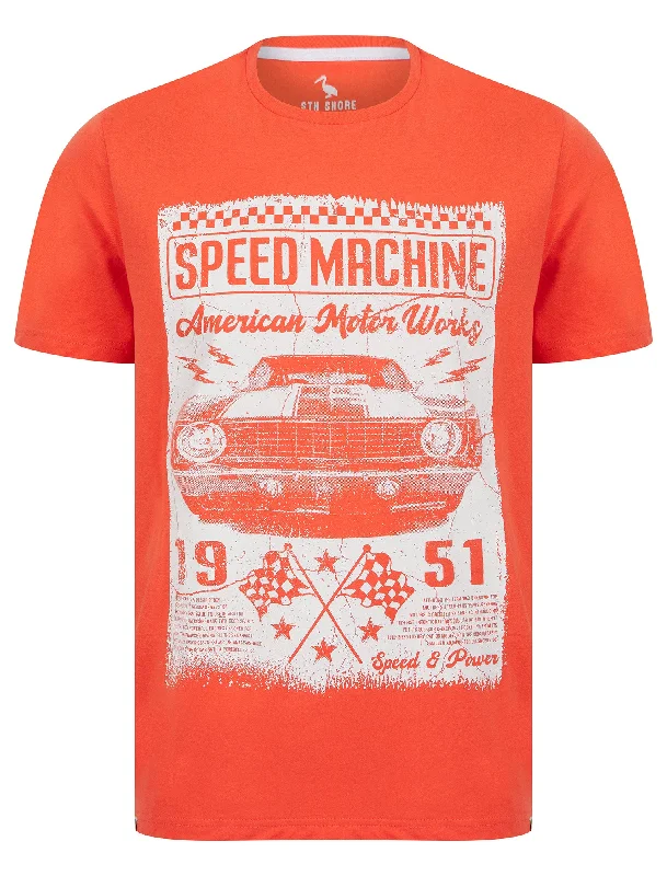 Speed Machine Motif Cotton Jersey T-Shirt in Hot Coral - South Shore