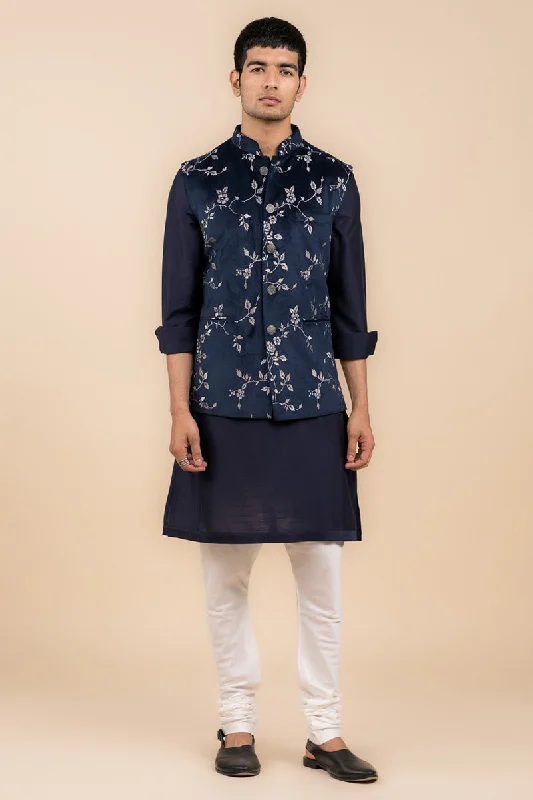 Navy Floral Embroidered Velvet Bundi