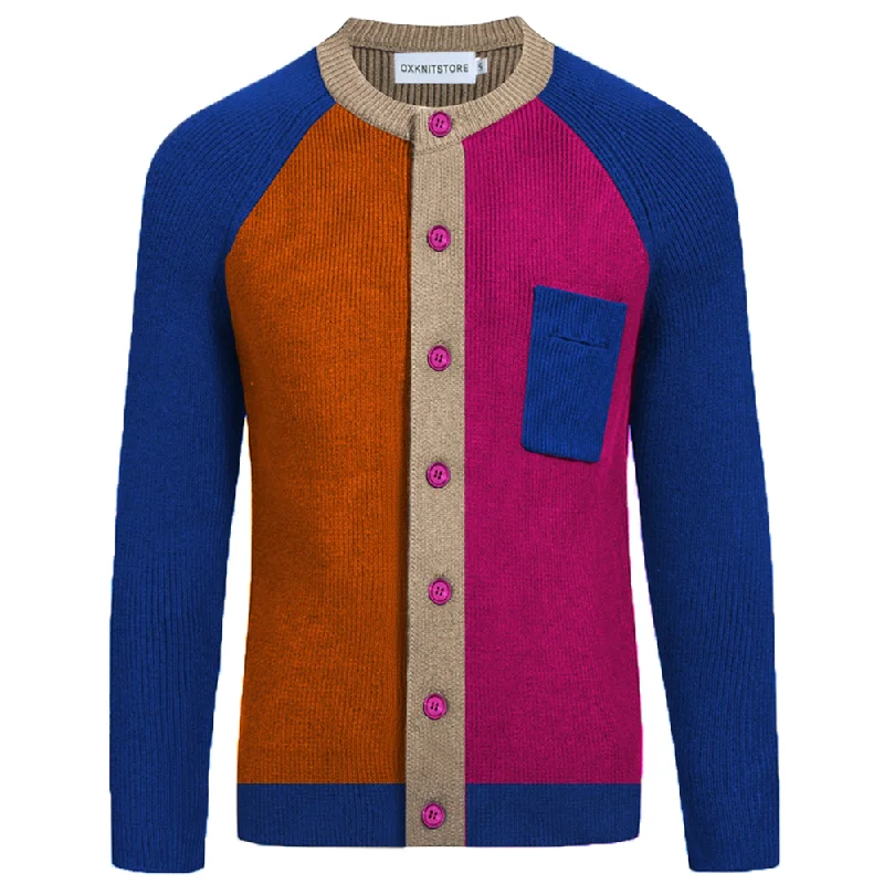 Men's multi-color contrast shoulder cardigan sweater