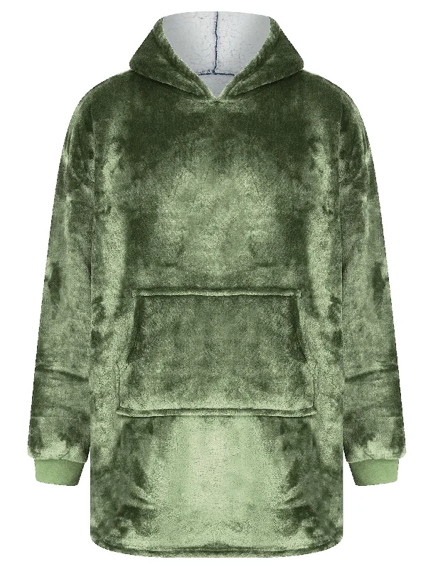 Adult Grizzly Soft Fleece Borg Lined Oversized Hooded Blanket with Pocket in Deep Lichen Green  - Tokyo Laundry