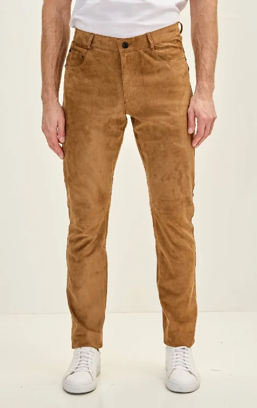 Genuine Lambskin Fitted Suede Pants - Camel