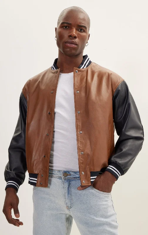 Two Tone Varsity Leather Jacket - Brown Black