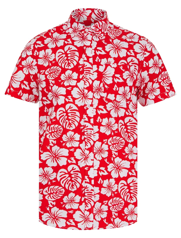 Hamoa Tropical Floral Print Short Sleeve Cotton Poplin Hawaiian Shirt in High Risk Red - Tokyo Laundry