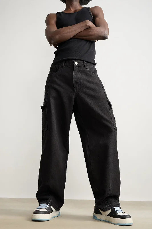 Straight Fit Men's Black Cargo Jeans