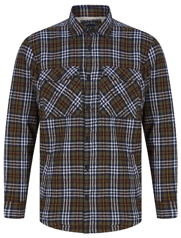 Sawatch Borg Lined Cotton Flannel Checked Overshirt Jacket in Navy / Khaki  - Tokyo Laundry