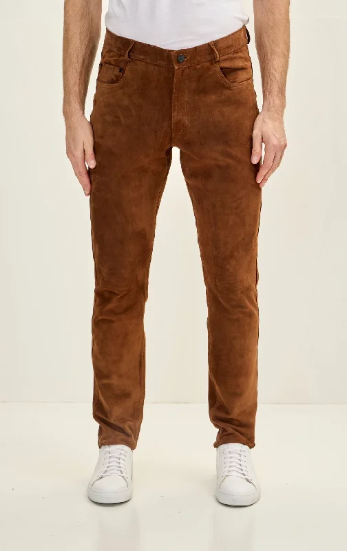 Genuine Lambskin Fitted Suede Pants - Brown