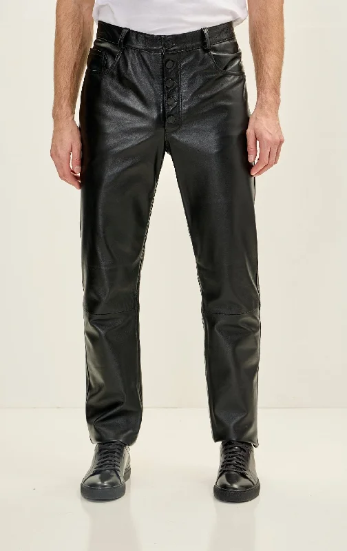 Genuine Lambskin Exposed Buttons Leather Pants - Black