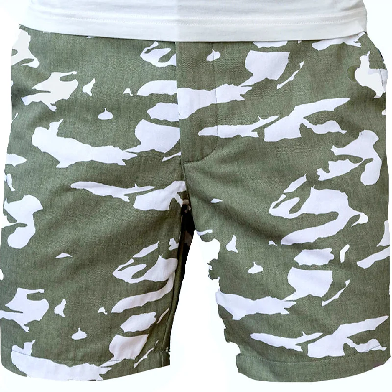 Olive & White Abstract Tiger Stripe Japanese Print Cotton Shorts - Made in USA