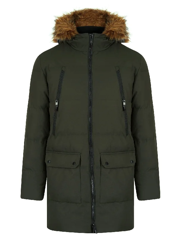 Darryl Padded Parka Coat with Faux Fur Trim Hood in Khaki - Tokyo Laundry