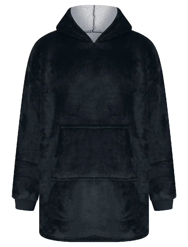 Adult Grizzly Soft Fleece Borg Lined Oversized Hooded Blanket with Pocket in Jet Black  - Tokyo Laundry