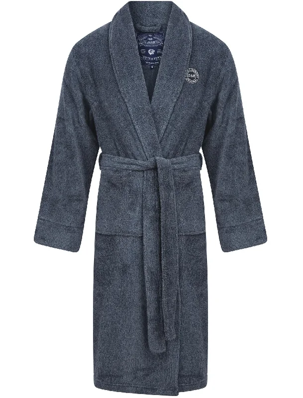 Sandhurst Textured Soft Fleece Dressing Gown with Tie Waist in Navy & Grey - Tokyo Laundry