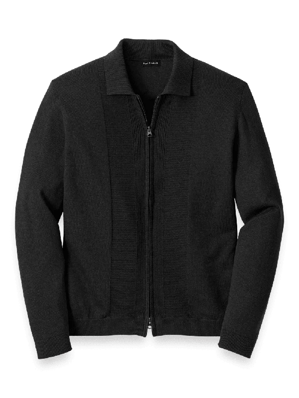 Silk Cotton Cashmere Full Zip Polo - Black