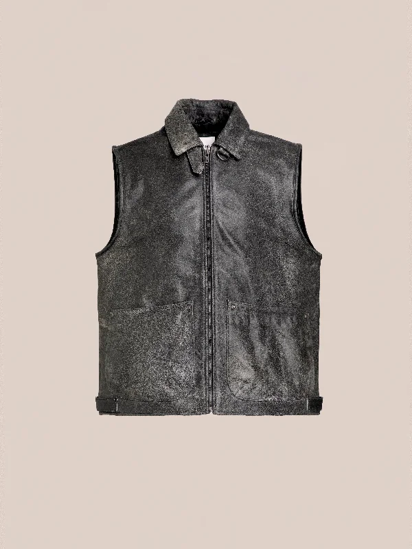 Distressed Genuine Leather Pocket Vest