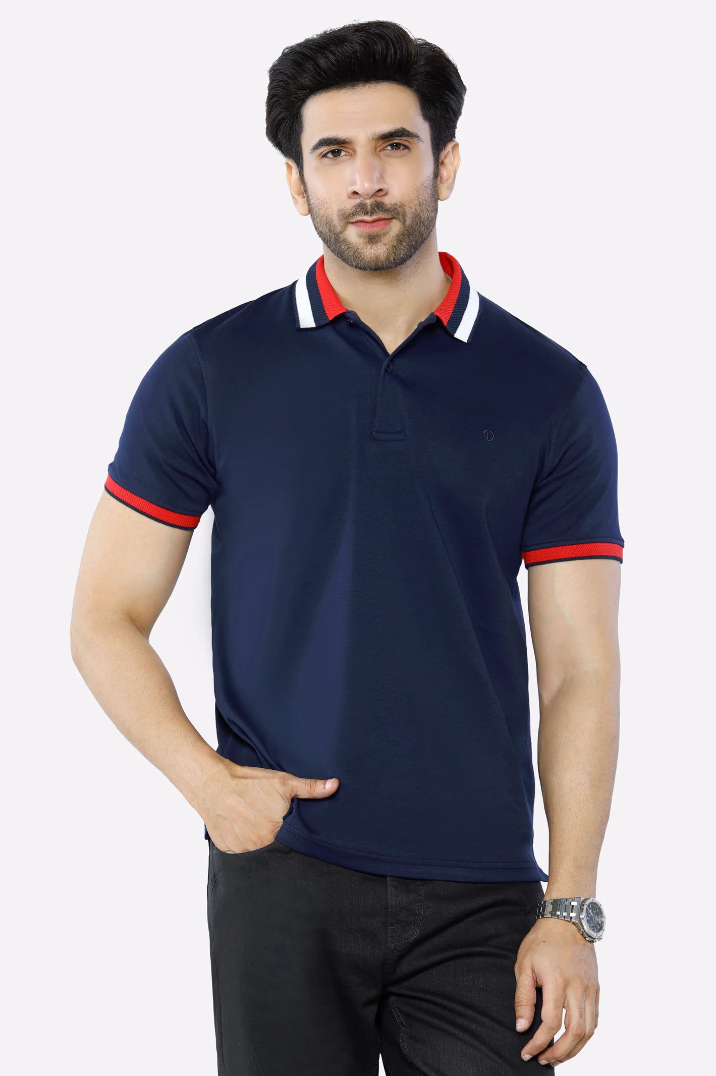 Blue Jacquard Collar Polo