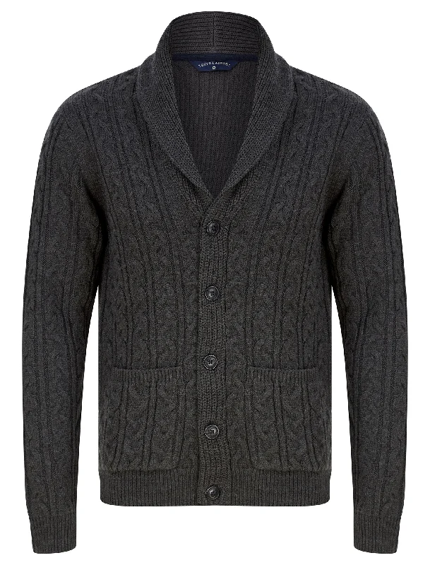 Manji 2 Chunky Cable Knitted Cardigan with Shawl Collar in Charcoal Marl - Tokyo Laundry