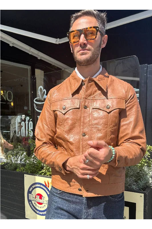 Modfather Clothing - Men’s Leather Vintage Tan - Trucker Jacket