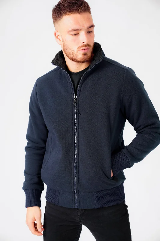 Percy Funnel Neck Zip Through Chunky Sweat With Borg Lining In Iris Navy - Dissident