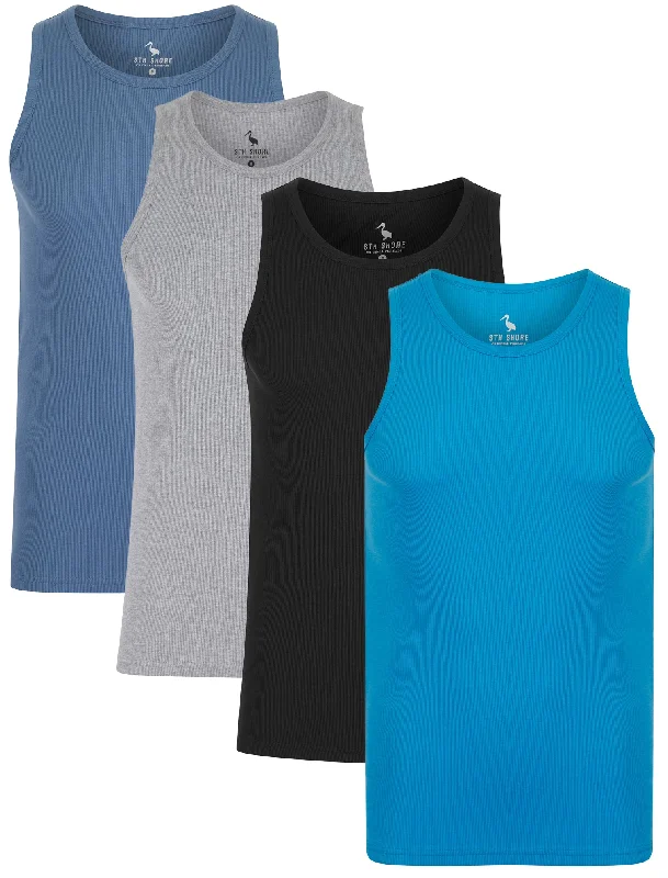 Victory 4 Pack Cotton Ribbed Sleeveless Vest Tops in Blithe Blue / Light Grey Marl / Jet Black / Blue Horizon - South Shore