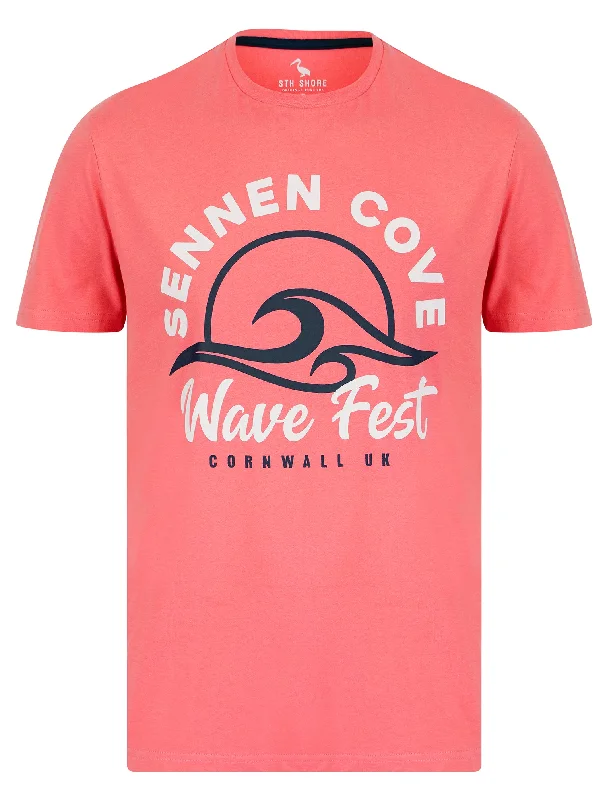 Wave Fest Motif Cotton Jersey T-Shirt in Peach Blossom - South Shore