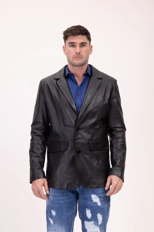 Classic Leather Blazer with Notch Lapel  -  Black