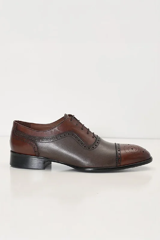 Hand Made Full Brogue Leather Cap Toe Derby Shoes - Brown & Green