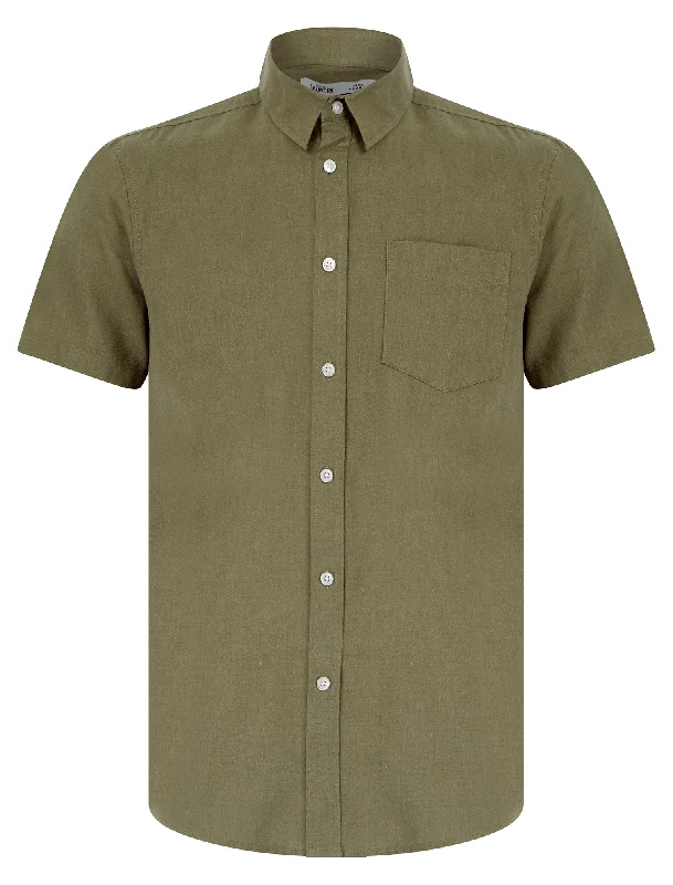 Bertrand  Classic Collar Short Sleeve Cotton Linen Shirt in Light Khaki - Tokyo Laundry