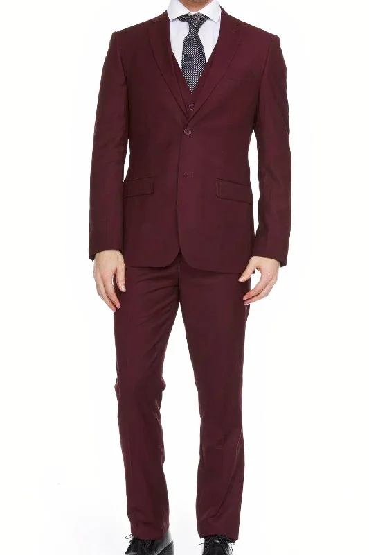 Lusso Uomo Collection - Modern Fit Burgundy Three-Piece Suit