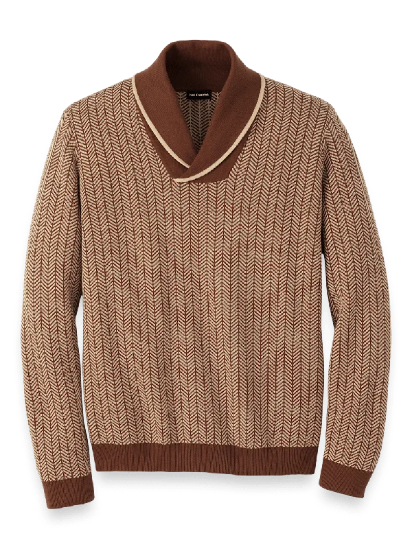 Cotton Shawl Collar Sweater - Ivory/brown