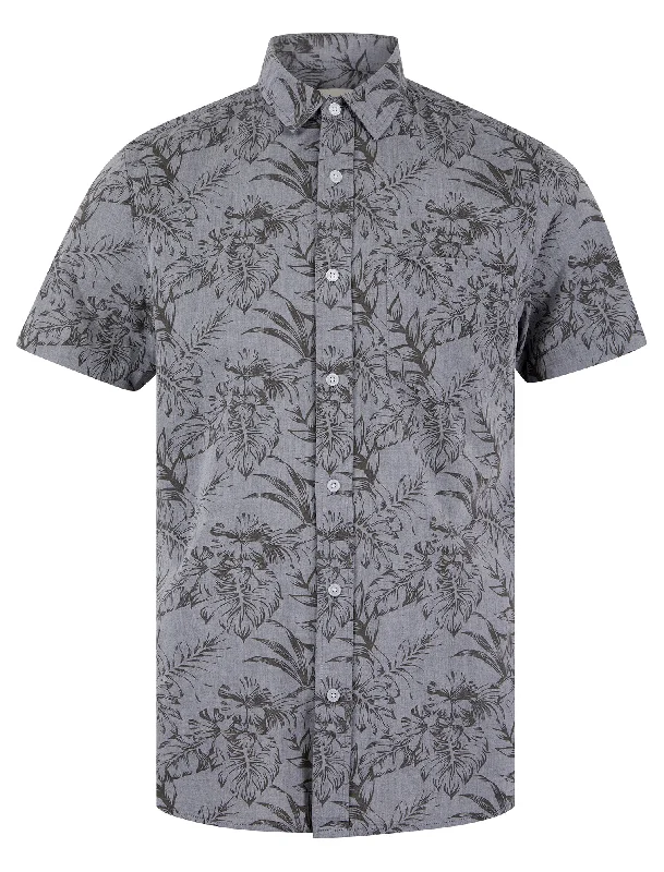 Lantana Palm Leaf Print Short Sleeve Cotton Chambray Hawaiian Style Shirt in Light Grey - Tokyo Laundry