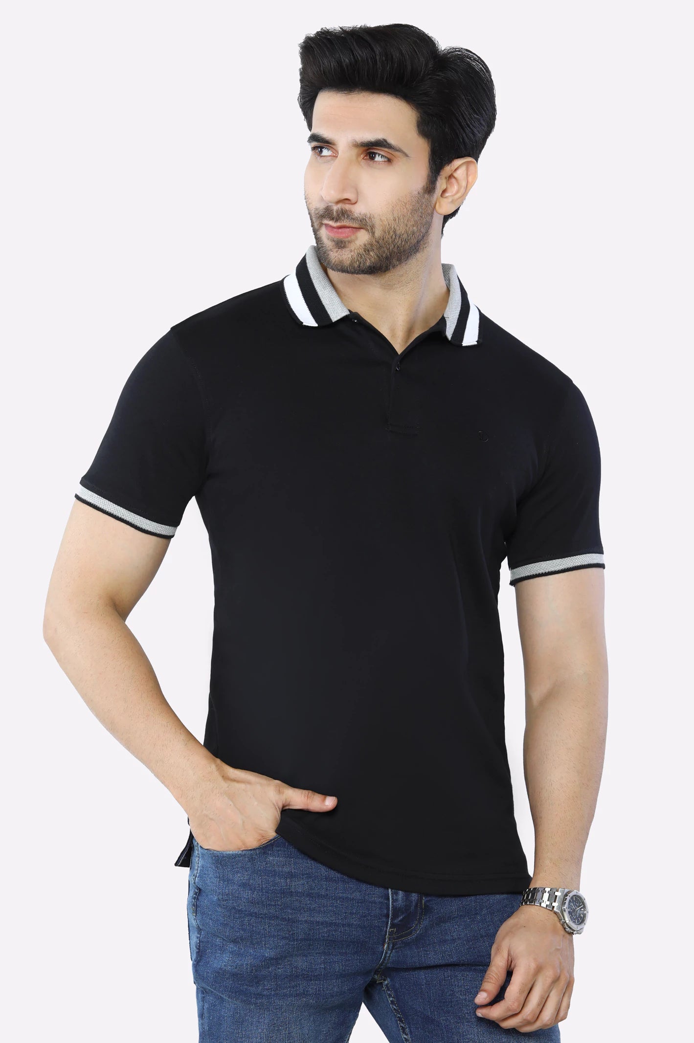 Black Jacquard Collar Polo