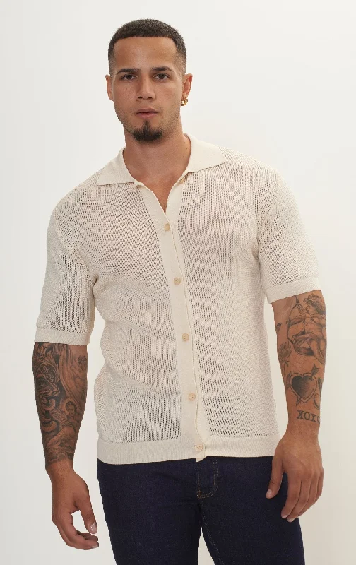 See Through Button Down Mesh Top - Beige