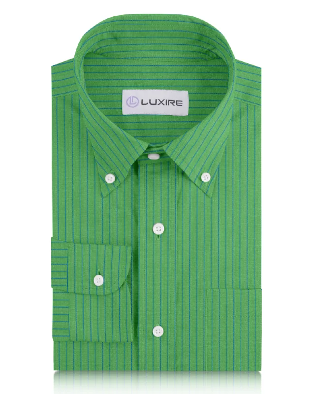 Cotton Linen: Blue Pencil Stripes On Green Shirt