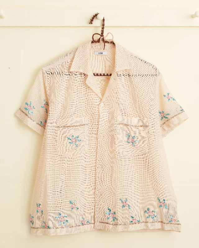 Sequined Floral Net Short Sleeve Shirt